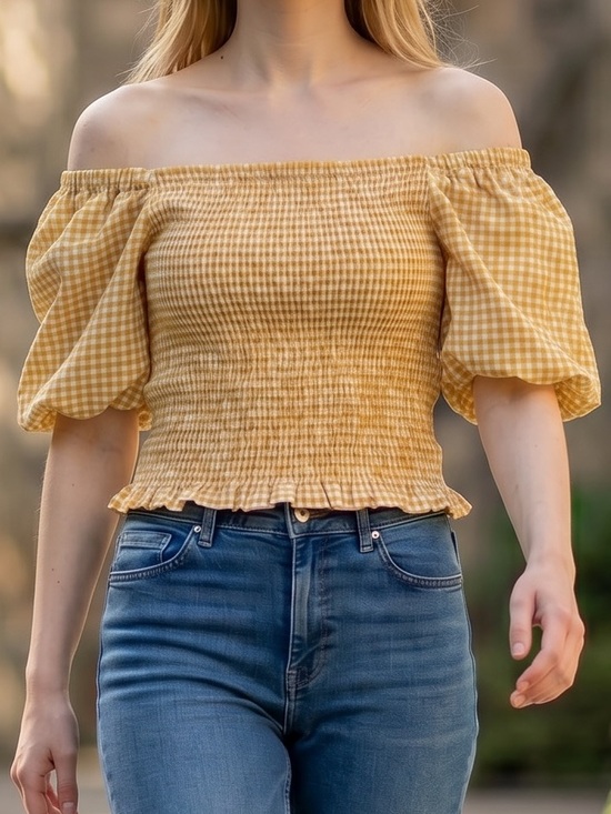 BB Dakota Tops - BB Dakota Yellow Gingham Off-Shoulder Crop Top